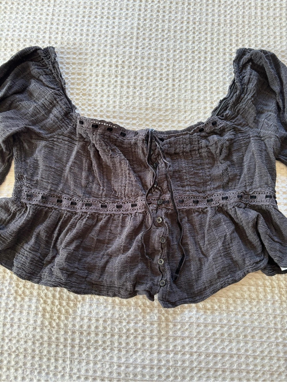 American Eagle Long Sleeve Smocked Babydoll Crop Top Blouse Sz XL Peasant Boho - Picture 5 of 12